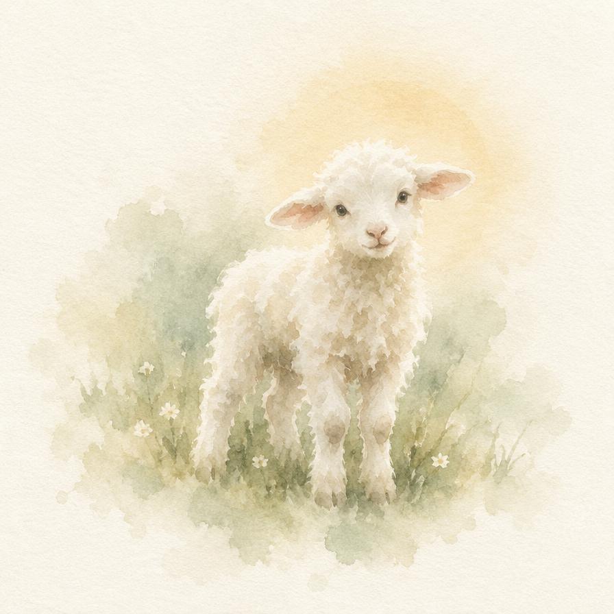 A single watercolor lamb standing in soft grass