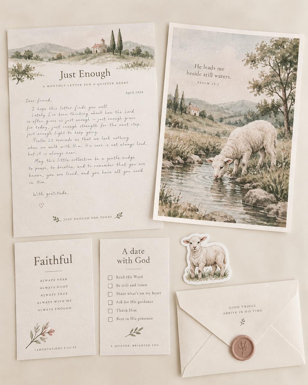 Sample letter club mailing: a letter, sheep art print, Faithful card, date with God idea, lamb sticker, and envelope